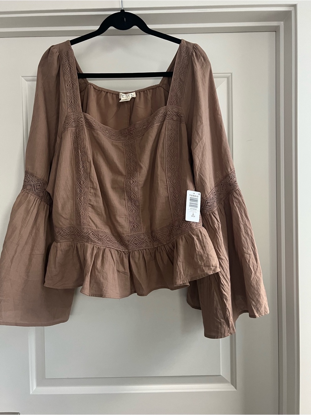 Torrid Festi Square Neck Peplum Blouse with Bell Sleeves.